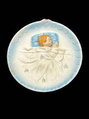 Vintage 1950's Japan Hand Painted Porcelain Bisque Baby Boy Wall Hanging 7"